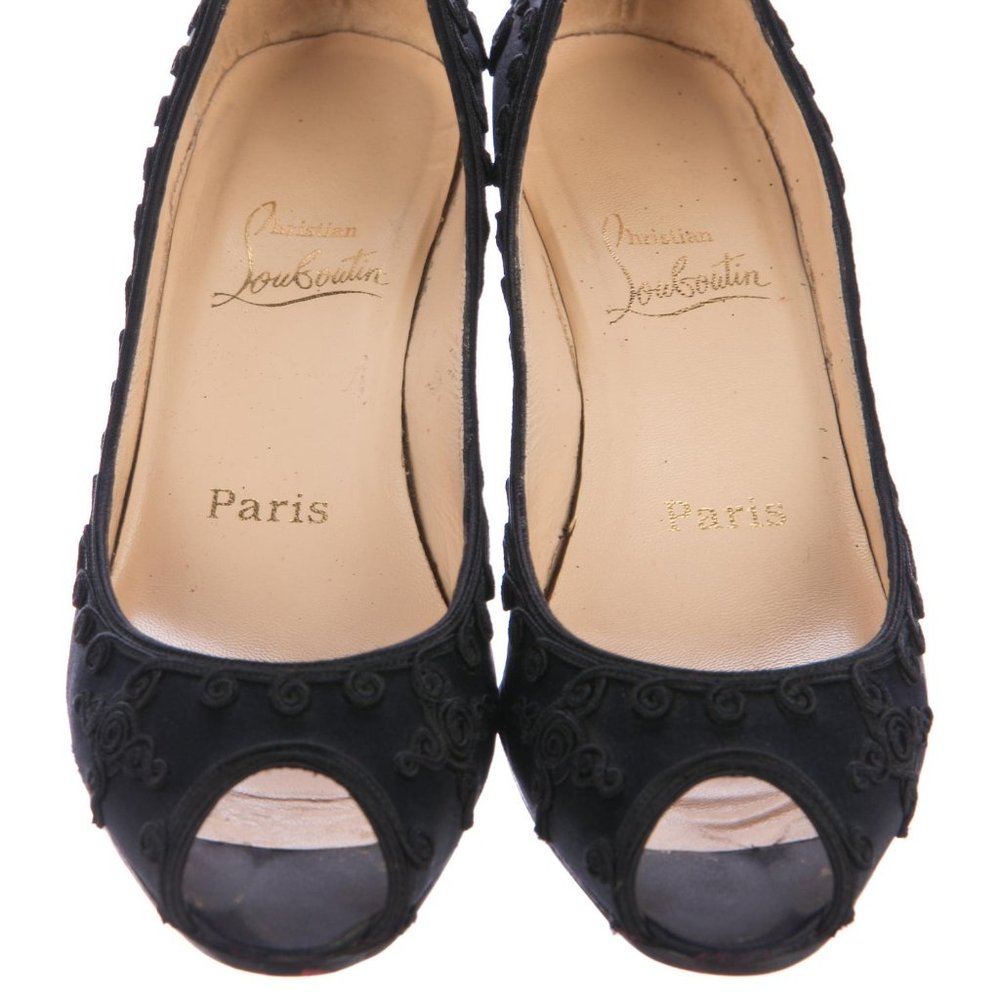 Black Satin Christian Louboutin peep-toe stilettos with dust bag